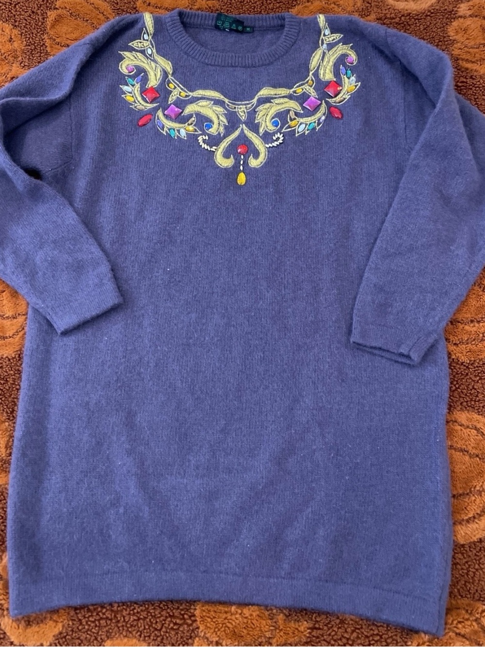 Vintage Powynig Bluhmod Embroidery Floral Angora Dress Sweater Size M